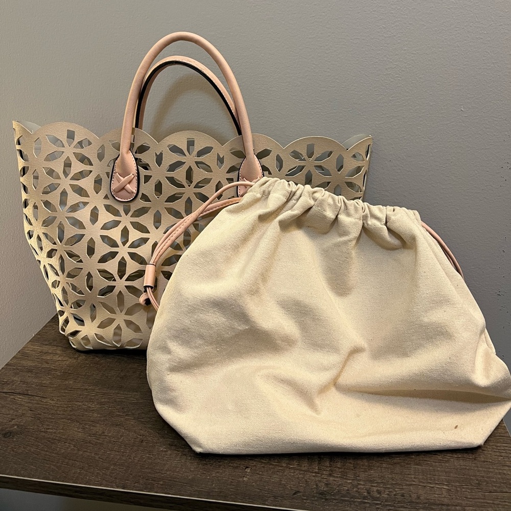Catherine Malandrino Cream and Pink Cut-Out Tote with interior removable pouch - Picture 10 of 11